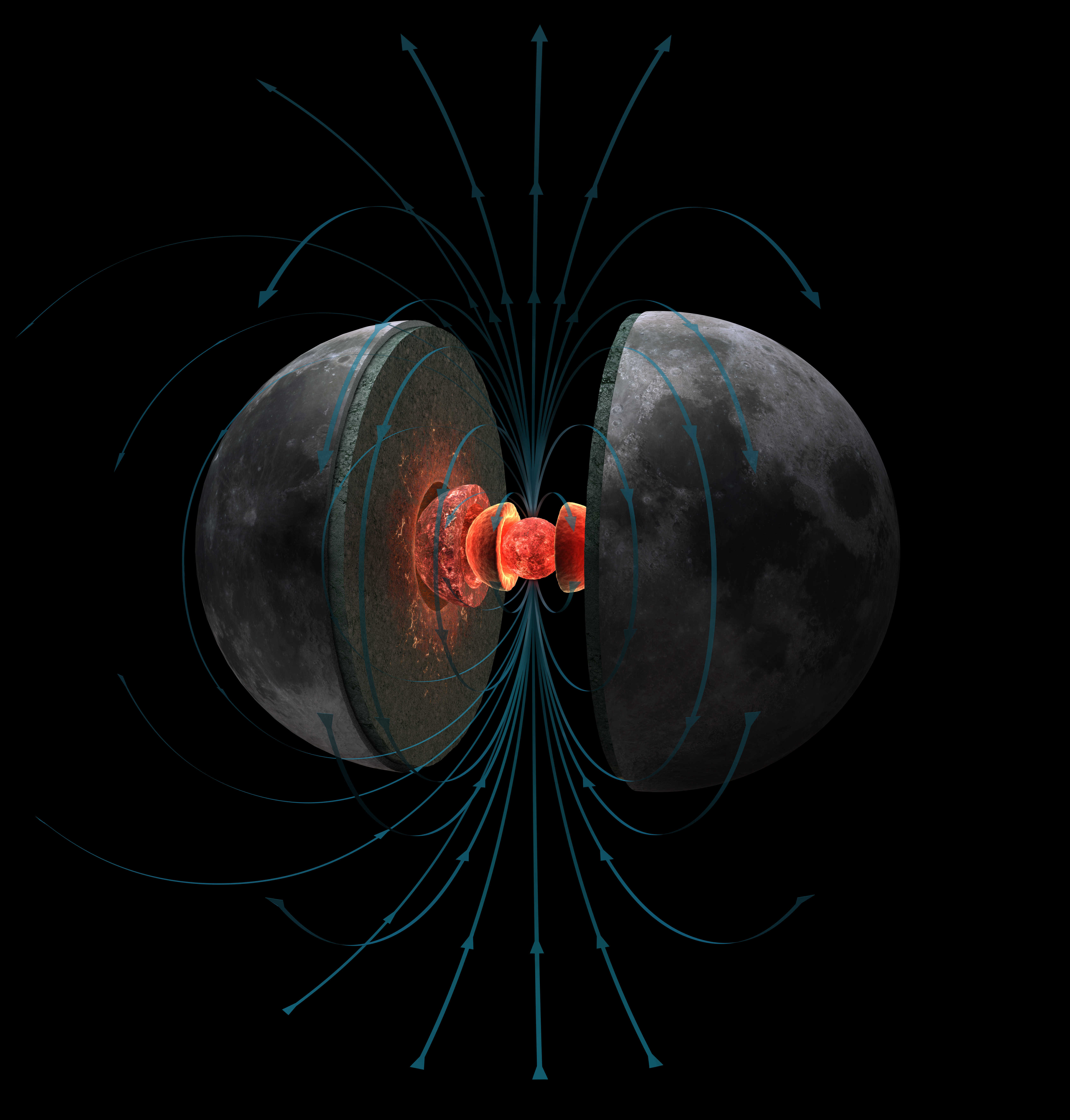 Illustration of the Moon's magnetic field. Image credit: Hernan Canellas / MIT Paleomagnetism Laboratory.