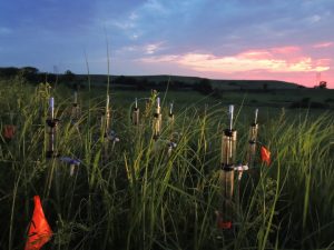 Increased irrigation by sprinklers at the Konza Prairie Biological Station in the Flint Hills of northeastern Kansas altered the soil pore system of a prairie soil.
Photo: Edouard Sagues