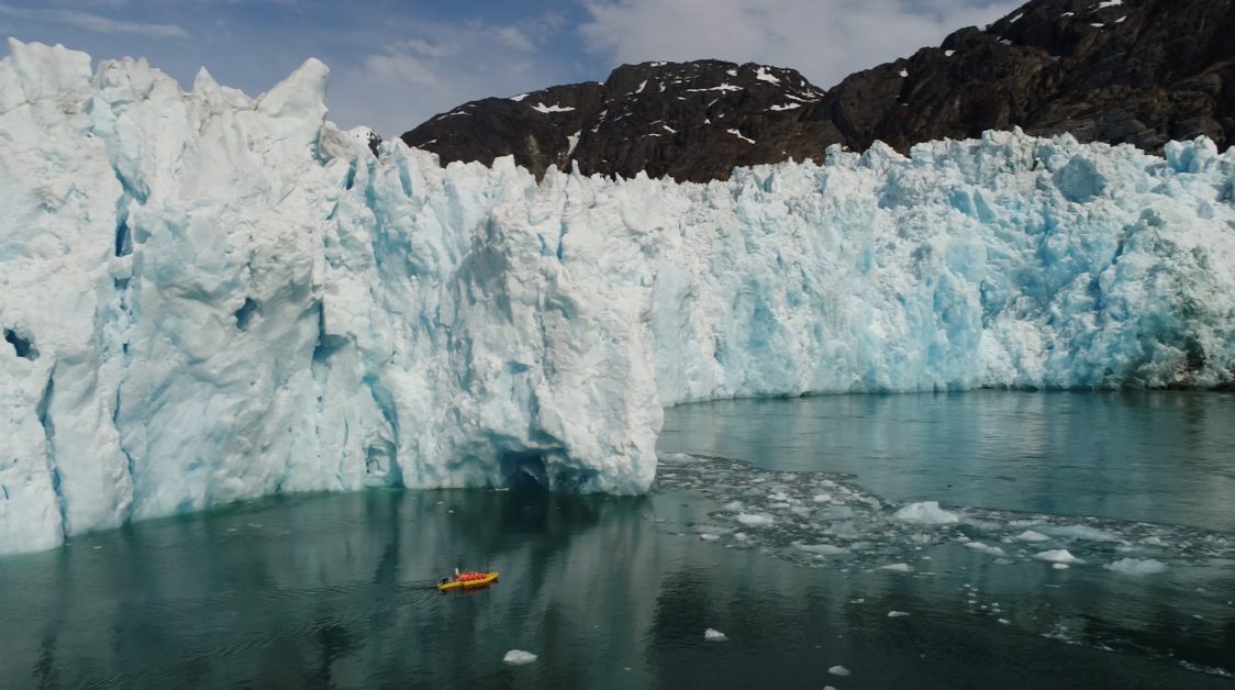 An autonomous kayak surveys the ocean in front of the 20-mile-long LeConte Glacier in Alaska. The kayak measures ocean currents and water properties to study the underwater melting of the glacier and track meltwater as it spreads in the ocean. Photo: David Sutherland/University of Oregon