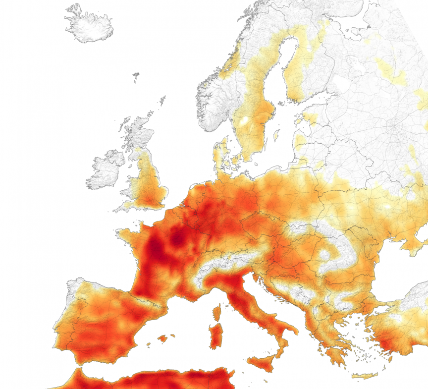 A scorching heat wave led to temperature records in at least seven countries in Europe on July 25, 2019. Image: NASA Earth Observatory