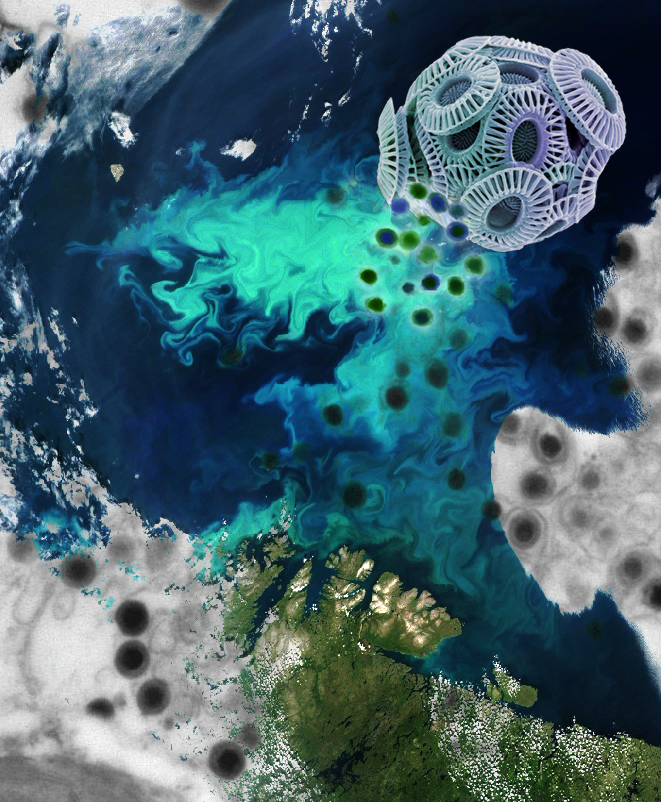This image depicts viral infection of an Emiliania huxleyi cell superimposed on a satellite image of an E. huxleyi bloom in the Barents Sea. Credits: MODIS, NASA; Steve Gschmeissner, Photo Researchers Inc.; Kay Bidle & Christien Laber, Rutgers University