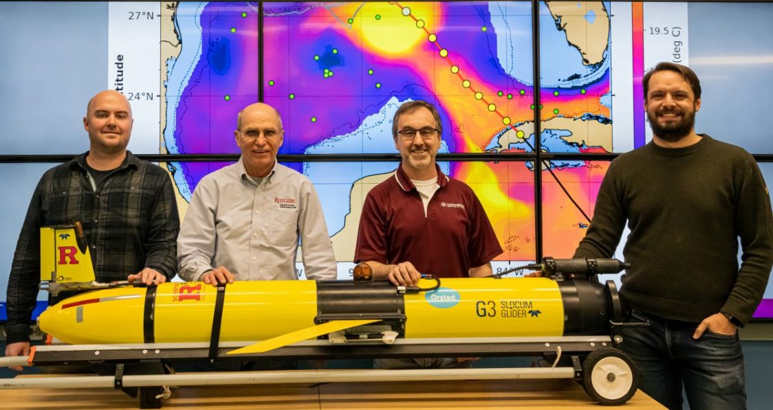 L-R: Michael Smith, research staff at Rutgers; Scott Glenn, Rutgers Board of Governors Professor of Marine and Coastal Sciences; Steve DiMarco, professor, Texas A&M University; and Travis Miles, assistant professor at Rutgers, who are part of the collaborative team involved in the UGOS project.