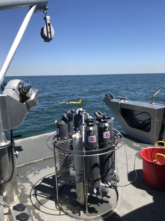 An autonomous underwater glider outfitted with sensors to monitor for ocean acidification is deployed on the New Jersey coastal shelf. Photo credit: Grace Saba, Rutgers University.
