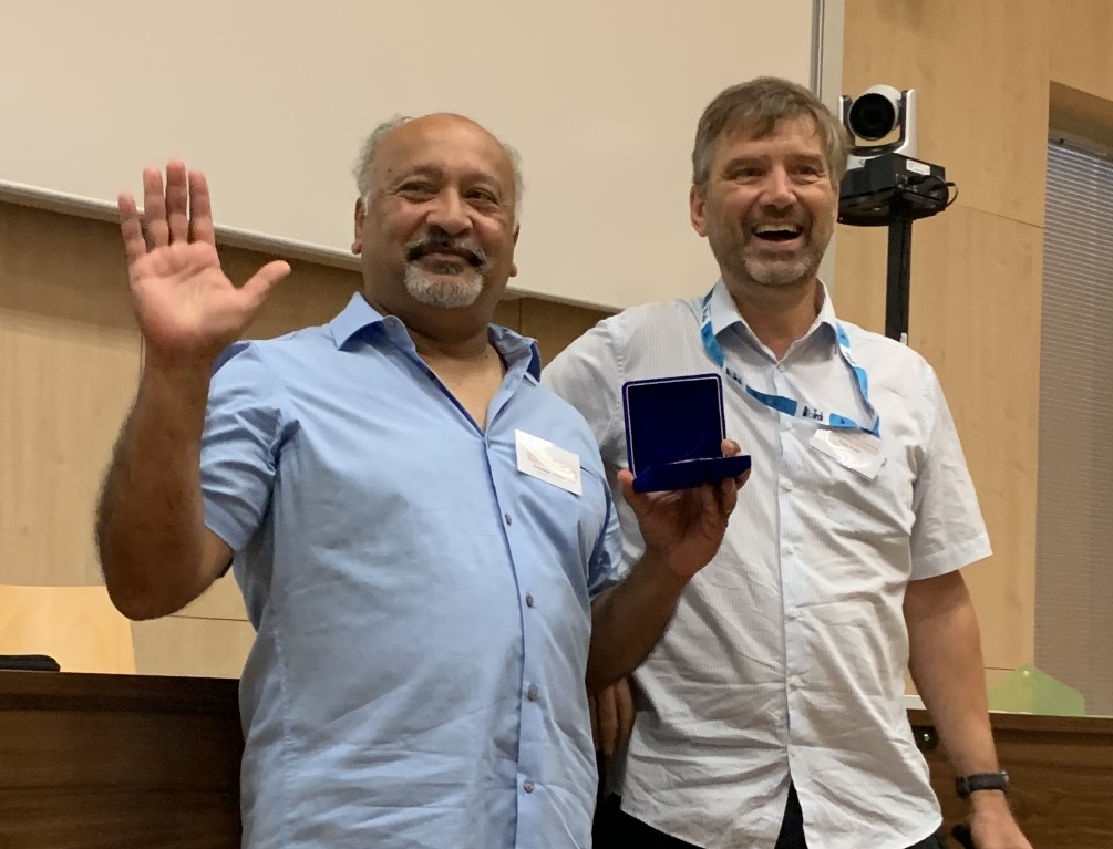 Rutgers Distinguished Professor Debashish Bhattacharya received the 2022 Miescher-Ishida Prize from Dr. Peter Kroth, University Professor at the University of Konstanz, Germany, at the ISE meeting in České Budějovice, Czech Republic.