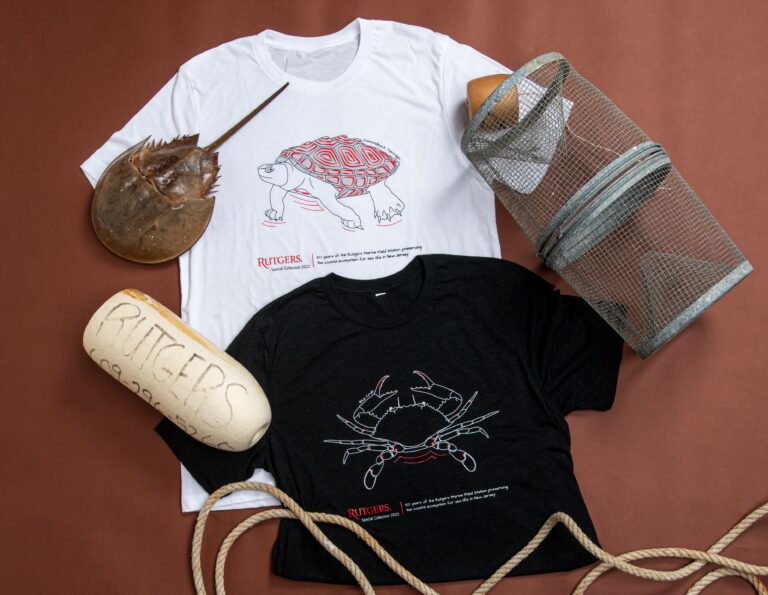 Working with the Rutgers University Marine Field Station, University Communications and Marketing developed a merchandise special collection to celebrate the Marine Field Station’s 50th anniversary preserving the coastal ecosystem for sea life in New Jersey. The Marine Field Station is in Tuckerton, New Jersey. Pictured are two of the six designs.
