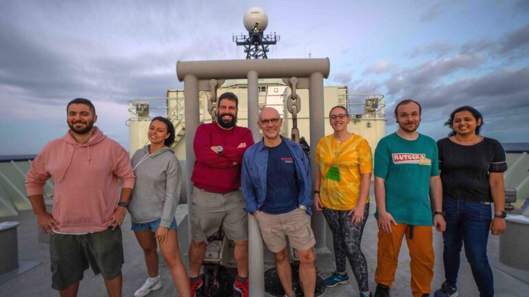 Costa Ventriani’s science group L-R: Matteo Selci, Martina Cascone, Donato Giovanelli, Costa Vetriani, Olivia Cannon, Ian Schlegel, Avanthika Bharath aboard the RV Atlantis.